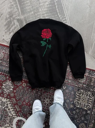 Bisiklet Yaka Ön Ve Arka Baskılı SweatShirt - Siyah