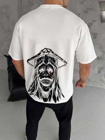 Bisiklet Yaka Baskılı Oversize T-Shirt - Beyaz