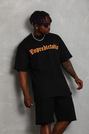 Oversize Baskılı Bisiklet Yaka T-Shirt - Siyah