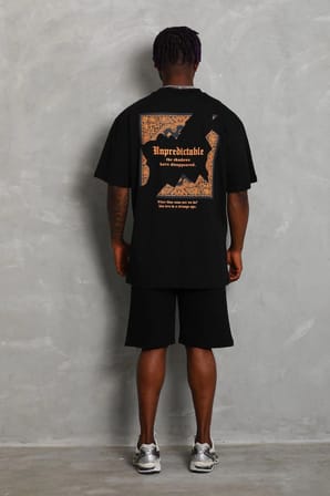 Oversize Baskılı Bisiklet Yaka T-Shirt - Siyah