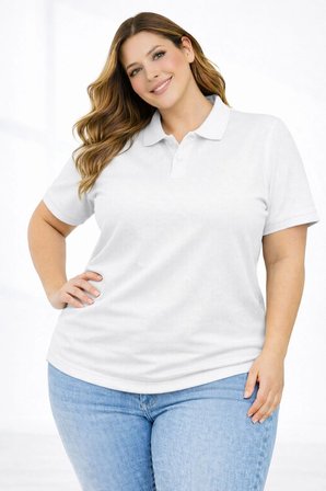 Kadın Battal Beden Tişört Polo Yaka Pike Kumaş Kısa Kol T-Shirt - Beyaz