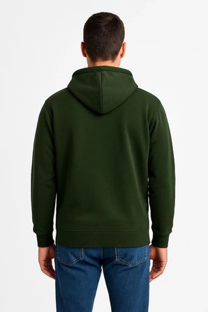 Üç İplik Kapüşonlu Tam Fermuarlı Kanguru Cepli Sweatshirt Hoodie - Haki