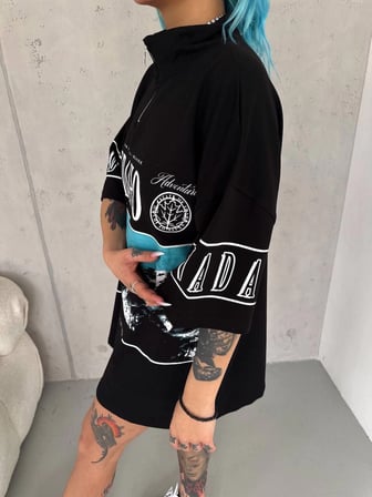 Baskılı Yarım Fermuarlı T-Shirt - Siyah