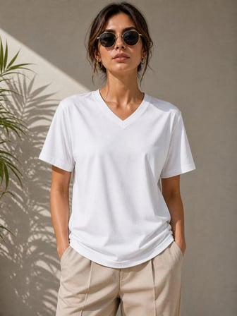 Kadın V Yaka Basic Tişört Kısa Kol Yazlık Regular Fit T-Shirt - Beyaz