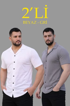 Erkek Waffle Dokuma Kumaş Açık Yakalı Düğmeli Gömlek 2’li Set Beyaz-Gri
