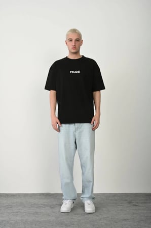 Erkek Baskılı T-Shirt Kısa Kol Bisiklet Yaka Rahat Kalıp Tişört - Siyah