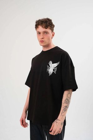 Bisiklet Yaka Baskılı Oversize T-Shirt - Siyah
