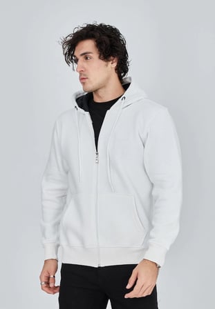 Tam Fermuarlı Kapşonlu  SweatShirt - Beyaz