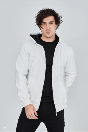 Tam Fermuarlı Kapşonlu  SweatShirt - Beyaz