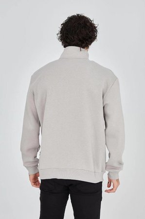 Yarım Fermuarlı Baskılı Sweat - Boyalı Gri