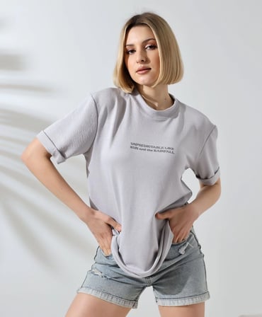 Bisiklet Yaka Baskılı Slim Fit T-Shirt - Boyalı Gri