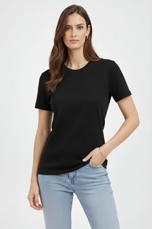 Kadın Bisiklet Yaka Yazlık Kısa kol Düz Tişört Regular Kalıp T-shirt - Siyah