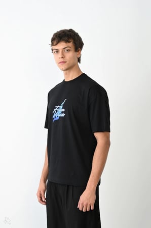 Bisiklet Yaka Baskılı Oversize T-Shirt - Siyah