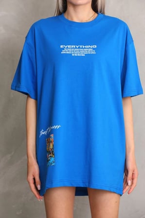 Bisiklet Yaka Baskılı Oversize T-Shirt - Mavi