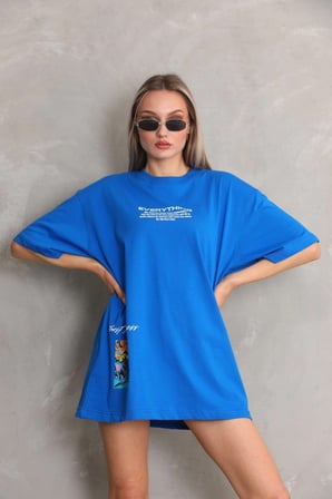 Bisiklet Yaka Baskılı Oversize T-Shirt - Mavi