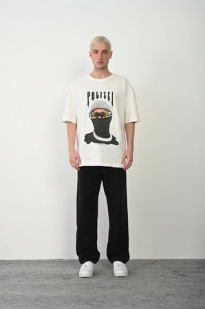 Erkek Baskılı T-Shirt Kısa Kol Bisiklet Yaka Rahat Kalıp Tişört - Beyaz