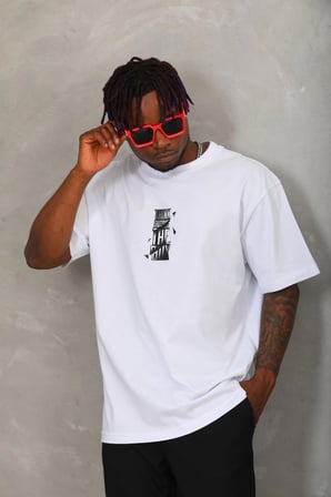 Oversize Baskılı Bisiklet Yaka T-Shirt - Beyaz