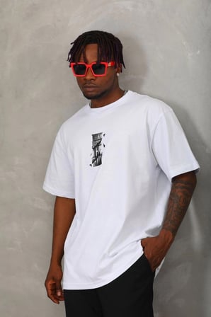 Oversize Baskılı Bisiklet Yaka T-Shirt - Beyaz