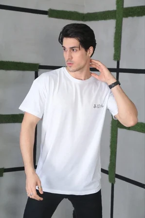 Bisiklet Yaka Baskılı Oversize T-Shirt - Beyaz