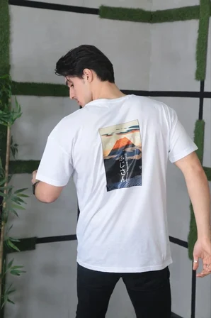 Bisiklet Yaka Baskılı Oversize T-Shirt - Beyaz
