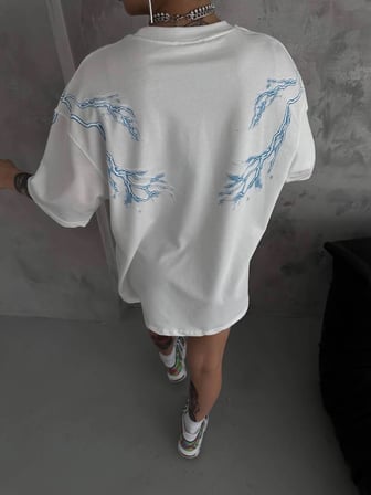 Bisiklet Yaka Baskılı Oversize T-Shirt - Beyaz