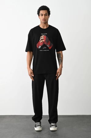 Baskılı Oversize T-Shirt - Siyah