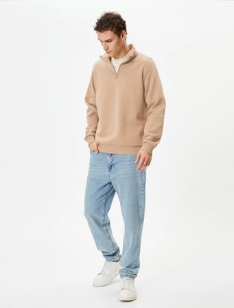 Uzun Kol Yarım Farmuarlı Yakalı Basic SweatShirt - Bej