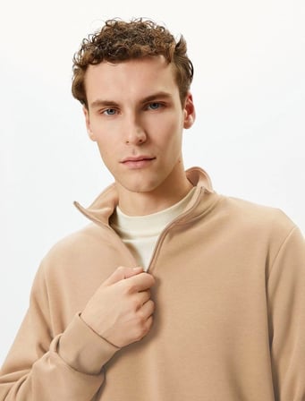 Uzun Kol Yarım Farmuarlı Yakalı Basic SweatShirt - Bej