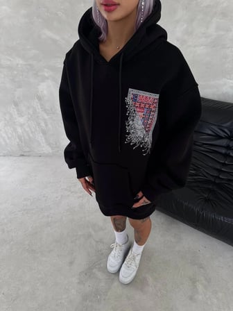 Uzun Kol Kapüşonlu Ön Ve Arka Baskılı SweatShirt - Siyah