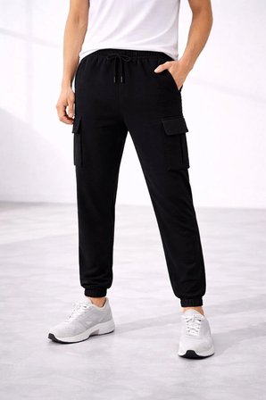 Erkek Jogger Eşofman Altı Kargo Cepli Lastikli Paça Spor Pantolon - Siyah