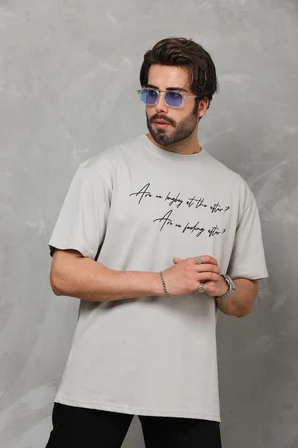 Bisiklet Yaka Baskılı Oversize T-Shirt - Gri