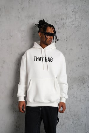 Kanguru Cep Baskılı Kapüşonlu Sweatshirt - Beyaz