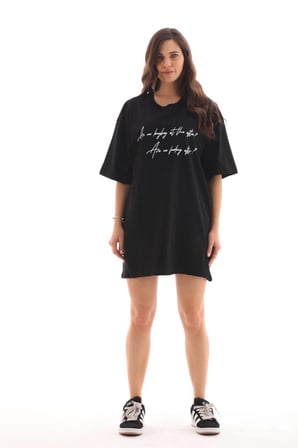 Bisiklet Yaka Baskılı Oversize T-Shirt - Siyah