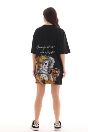 Bisiklet Yaka Baskılı Oversize T-Shirt - Siyah