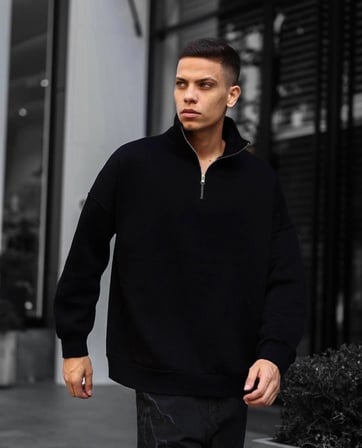 Yarım Fermuarlı Üç İplik Sweatshirt - Siyah