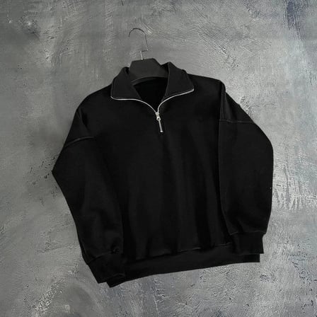 Yarım Fermuarlı Üç İplik Sweatshirt - Siyah
