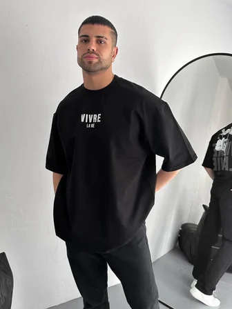 Baskılı Oversize Bisiklet Yaka T-shirt - Siyah