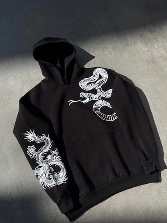 Uzun Kol Kapüşonlu Baskılı SweatShirt - Siyah