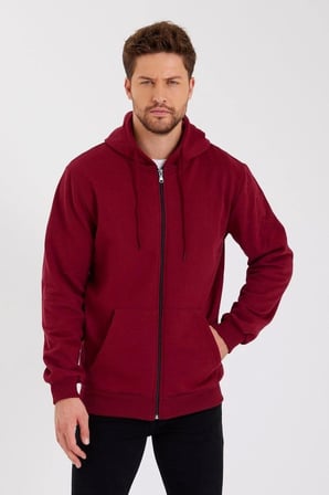 Marsilyan Erkek Sweatshirt Kapüşonlu Tam Fermuarlı Pamuklu Bordo Oversize Fit