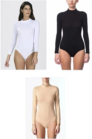 NBB 2960 KADIN UZUN KOL ÇOK RENKLİ ÇITÇITLI BODY 3 ADET