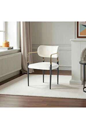 Umay S81 Kollu Sandalye – 2 Adet Sandalye Set, Krem Kumaş, Gold - Siyah Ayak