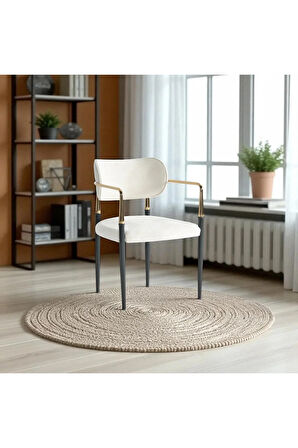 Umay S81 Kollu Sandalye – 2 Adet Sandalye Set, Krem Kumaş, Gold - Siyah Ayak