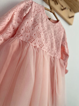 Kız Bebek Çocuk Dantel Güpürlü Doğum Günü Parti Düğün Özel Gün Tüllü Astarlı Prenses Abiye Elbise