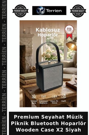Premium Seyahat Müzik Piknik Bluetooth Hoparlör Wooden Case X2 Siyah