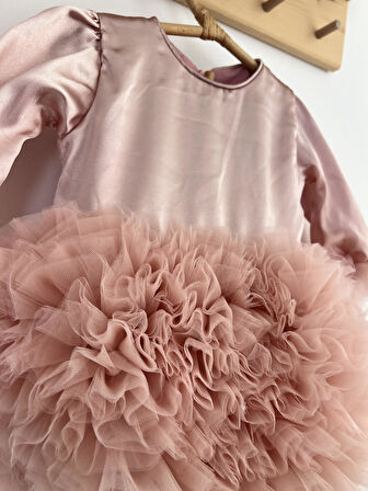 Kız Bebek Çocuk Elbise Uzun Kollu Tüllü Tütü Özel Gün Parti Doğum Günü Prenses Saten Abiye Elbise