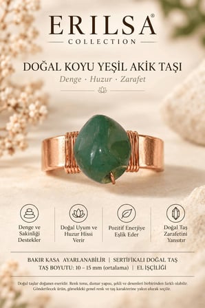 Sertifikalı Koyu Yeşil Akik Taşı Doğal Taş Yüzük Bakır Kasa Ayarlanabilir