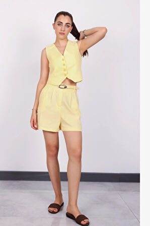 Kadın Sarı Düğmeli Keten Yelek