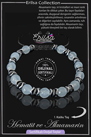 Sertifikalı Gerçek Fasetli Hematit - Akuamarin Taşı Bileklik