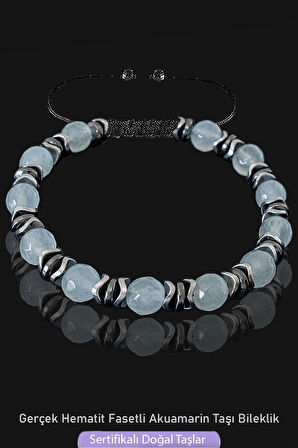Sertifikalı Gerçek Fasetli Hematit - Akuamarin Taşı Bileklik
