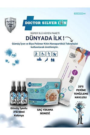 Gümüş İyonlu 3'lü 50ml Kolonya, Saç Yıkama Bonesi ve 25'li Perine Islak Mendili Temizlik Seti